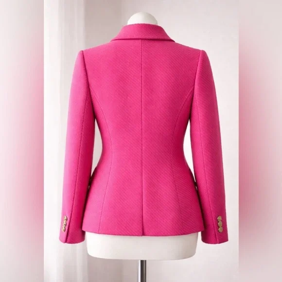 J.Crew Hot Pink Schoolboy Preppy Tweed Blazer Gold Crest Buttons Sz 6 NEW $218 - Picture 3 of 7
